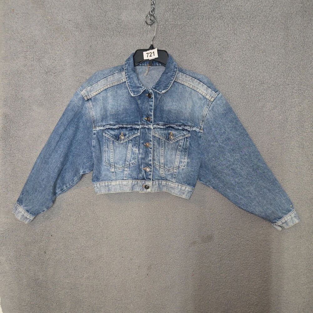 Free People We the Cropped Denim Jacket Womens Blue Frayed Cinch Back 100% M